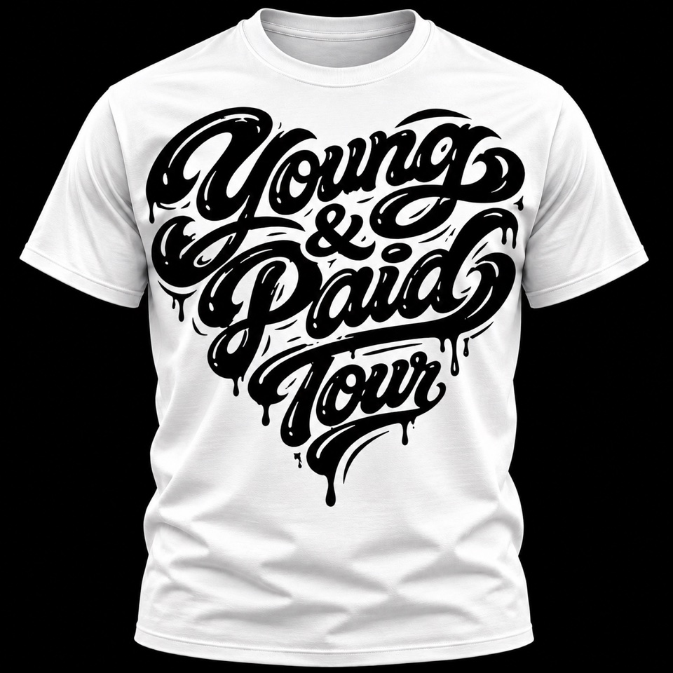 White Young and Paid Tour T-shirt with black graffiti lettering