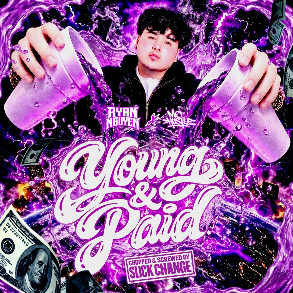 Young and Paid chopped and screwed edition cover with Lil Ryry pouring from two purple cups amid purple splash artwork